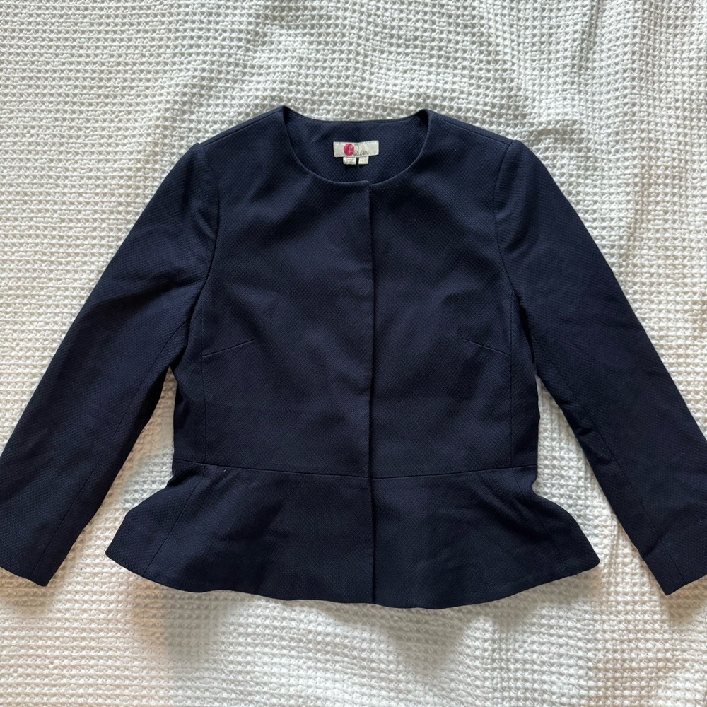 Boden Polperro Navy Blue Peplum Blazer Jacket Womens US 10 Collarless Tailored